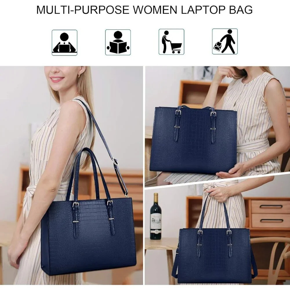 〽️Women Blue Leather Waterproof Professional Shoulder Bag 15.6 Inch Laptop Bag